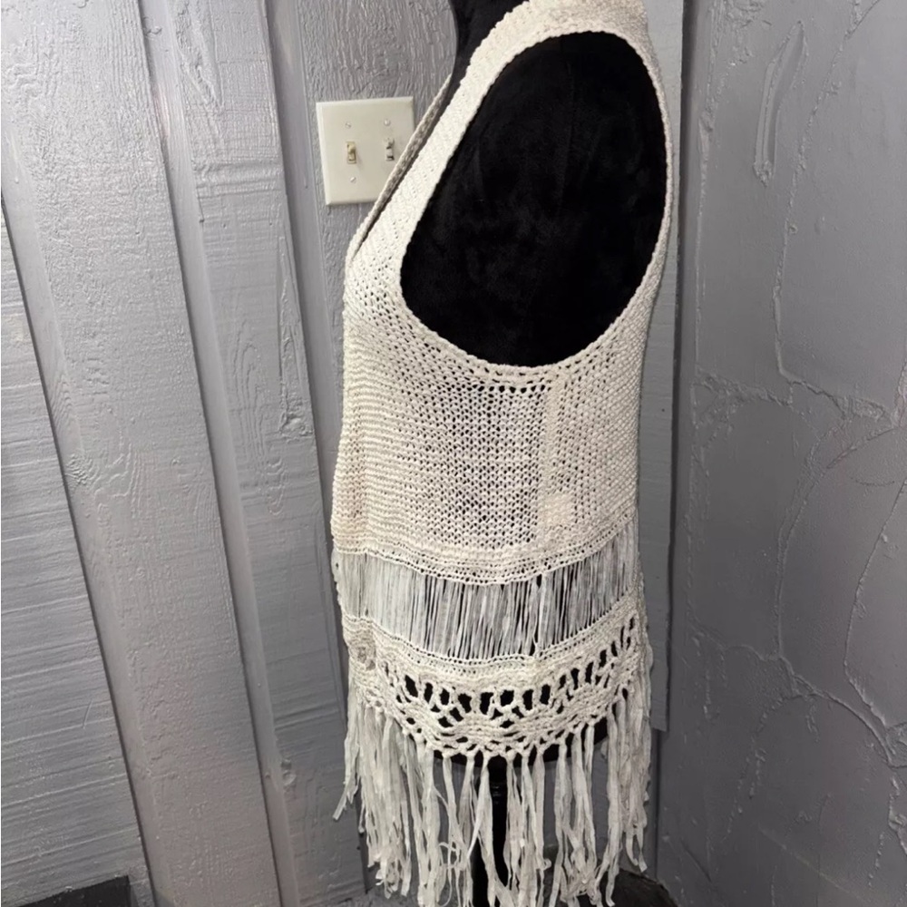 Dolled Up Cream Crocheted Fringe Vest 18x28” EUC - Picture 2 of 8